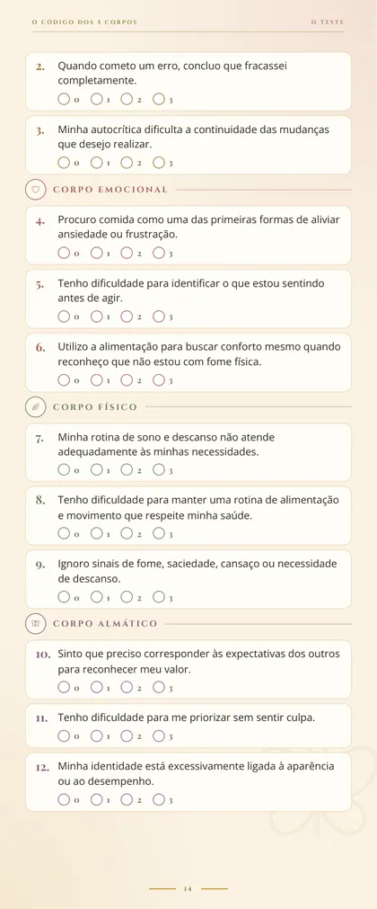 Página do teste dos cinco corpos no celular